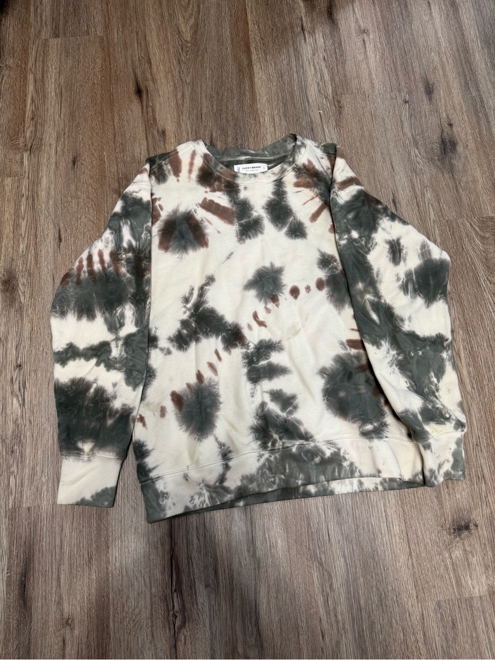 Lucky Brand Tie-Dye Crewneck in Cream, Olive & Brown